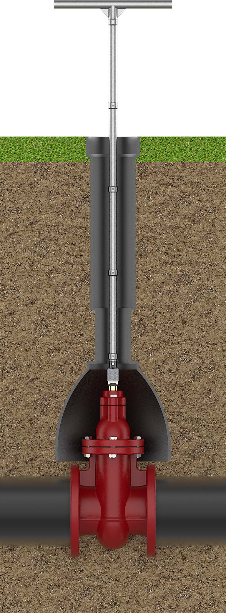 Curb box key in use inside a valve box in the ground